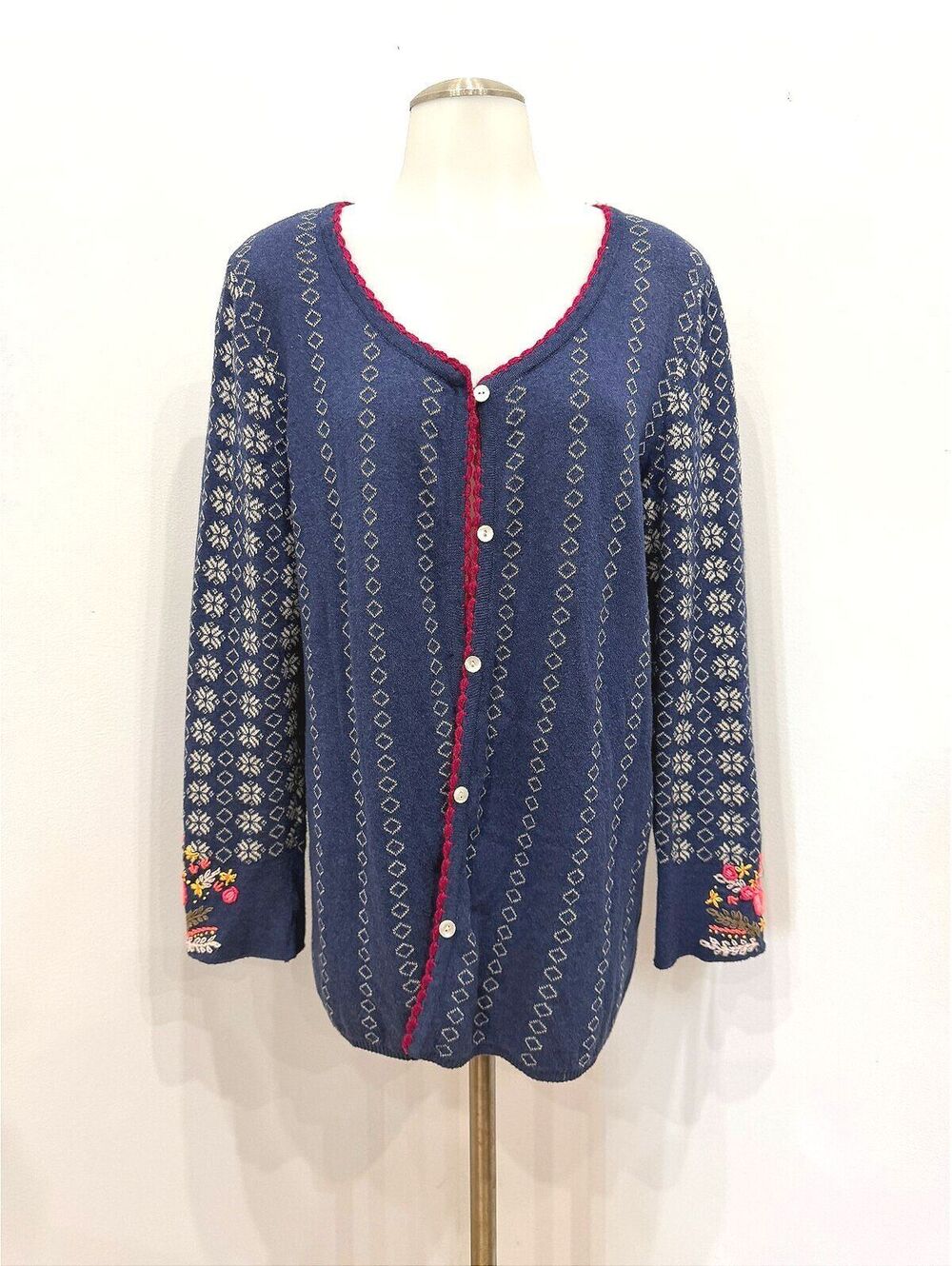 April Cornell Small Vintage Navy Blue Embroidered Cardigan Sweater Embroidered